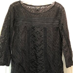 Lucky Brand black knit crochet 3/4 sleeve semi open knit weave M